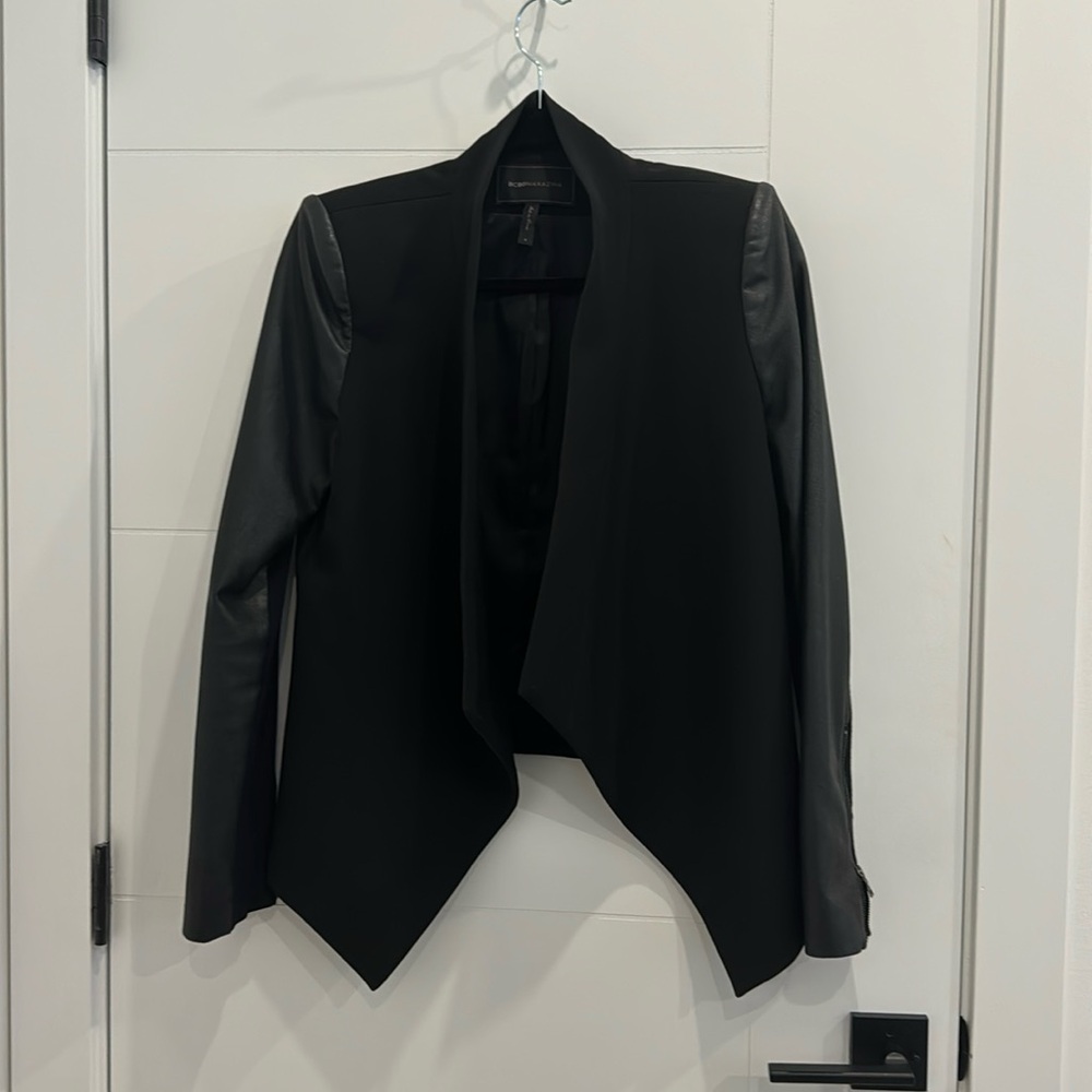 BCBG Maxazria faux leather sleeves black jacket